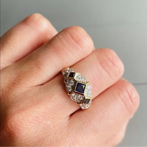 Estate 14k Gold Sapphire & Diamonique Cubic Zirconia Dome Ring - Picture 5 of 11